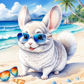 watercolor painting of white chinchilla on a beach with white sand and blue sea, wearing sunglasses.