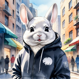 watercolor painting of white chinchilla in a black hoodie, showcasing a vibrant urban environment with a cute and happy appearance.