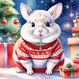 watercolor painting of white chinchilla in a christmas sweater and santa hat, festive and vibrant.