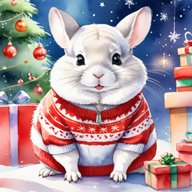 watercolor painting of white chinchilla in a christmas sweater and santa hat, festive and vibrant.