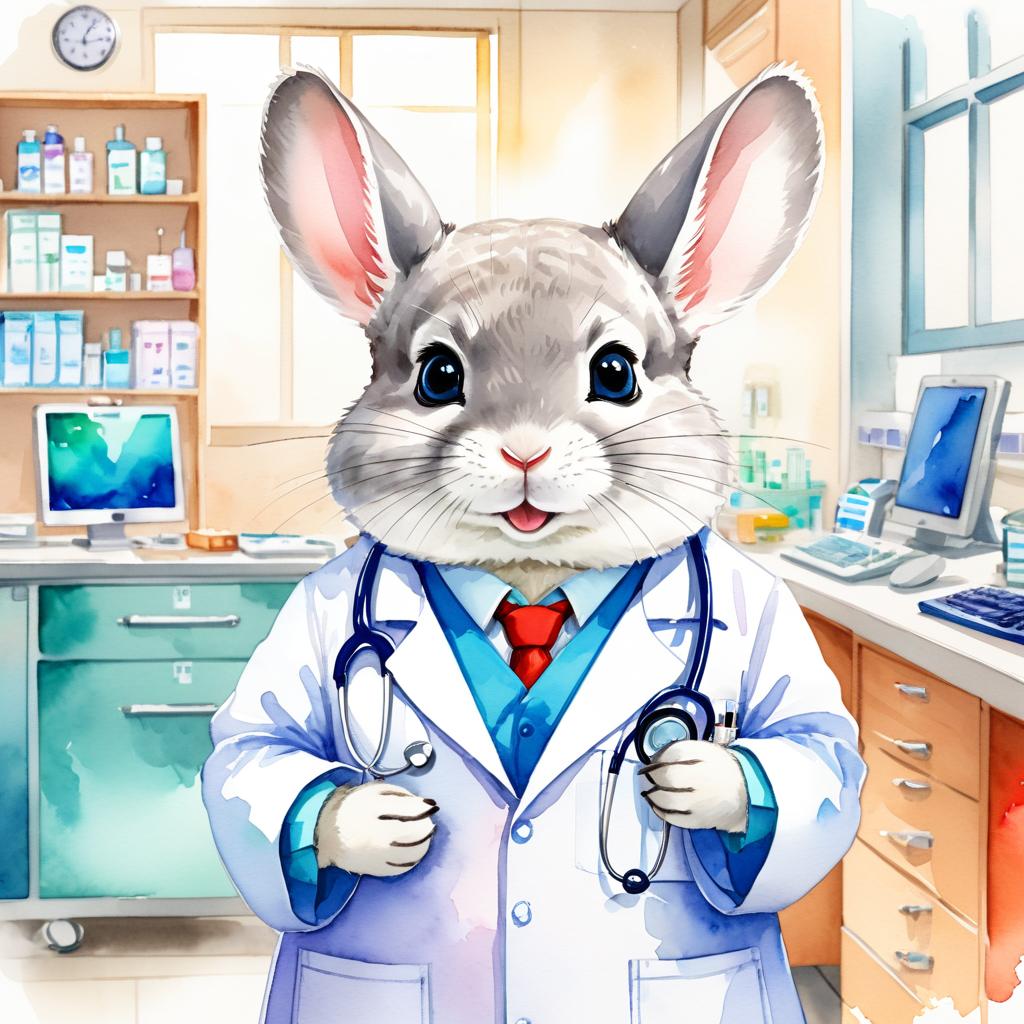 watercolor painting of white chinchilla as a doctor in a hospital, vibrant and highly detailed, in a studio anime style.