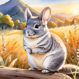 watercolor painting of standard grey chinchilla in golden hour light, showcasing vibrant colors and a happy nature scene in a highly detailed illustration.