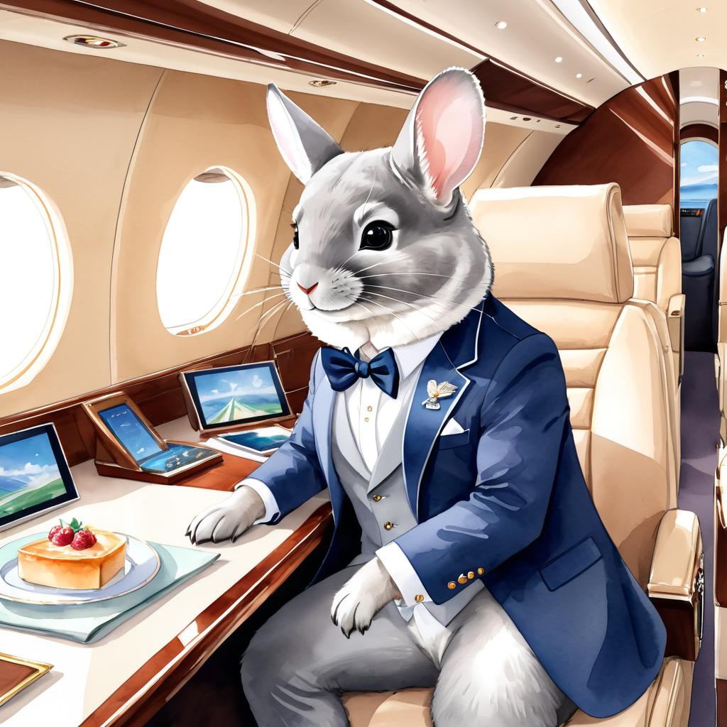 watercolor illustration of standard grey chinchilla in a gulfstream private jet, dressed in elegant clothing, capturing a posh and vibrant scene.