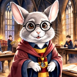 watercolor painting of standard grey chinchilla as harry potter, complete with glasses and hogwarts backdrop, highlighting a vibrant and magical scene.