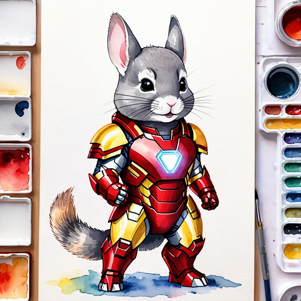 watercolor painting of standard grey chinchilla as iron man, featuring a vibrant and detailed iron man costume in an artistic style.