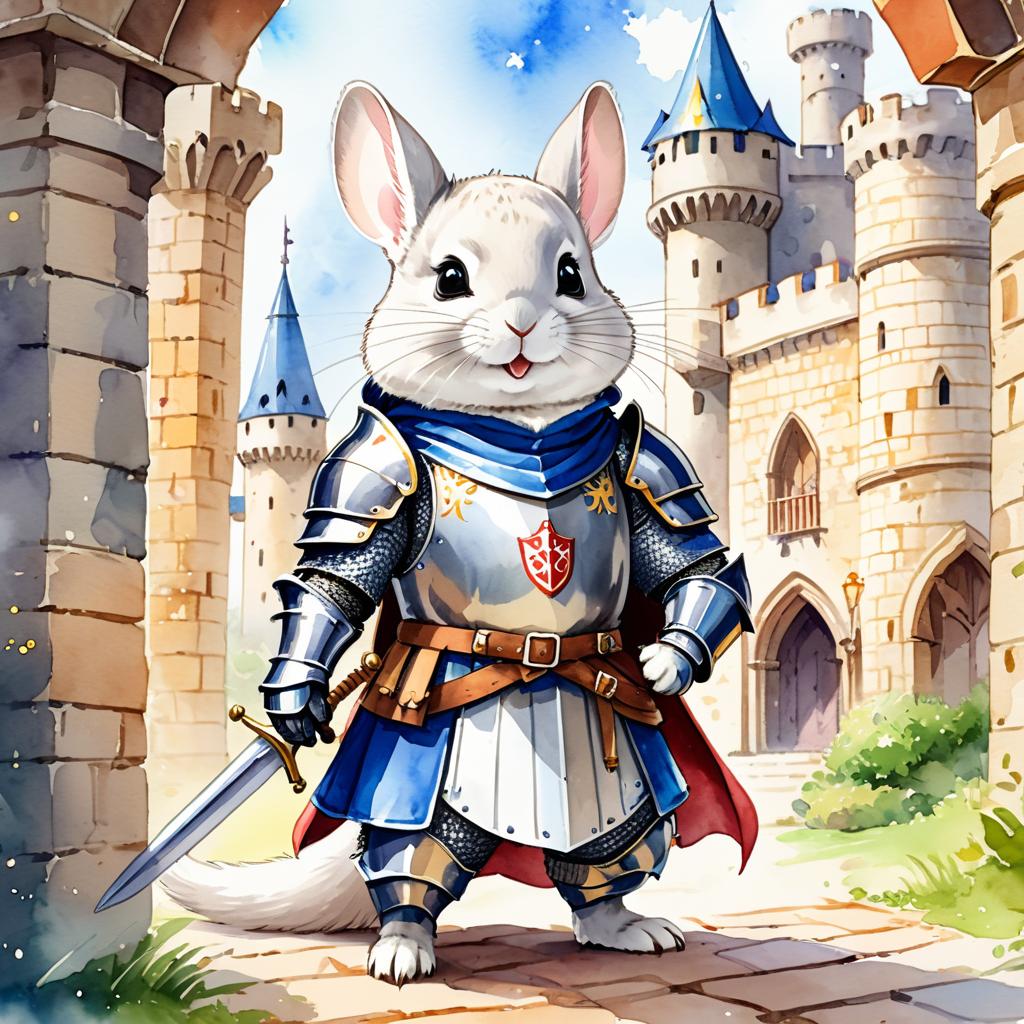 watercolor painting of white chinchilla as a medieval knight in a vibrant, detailed castle scene.