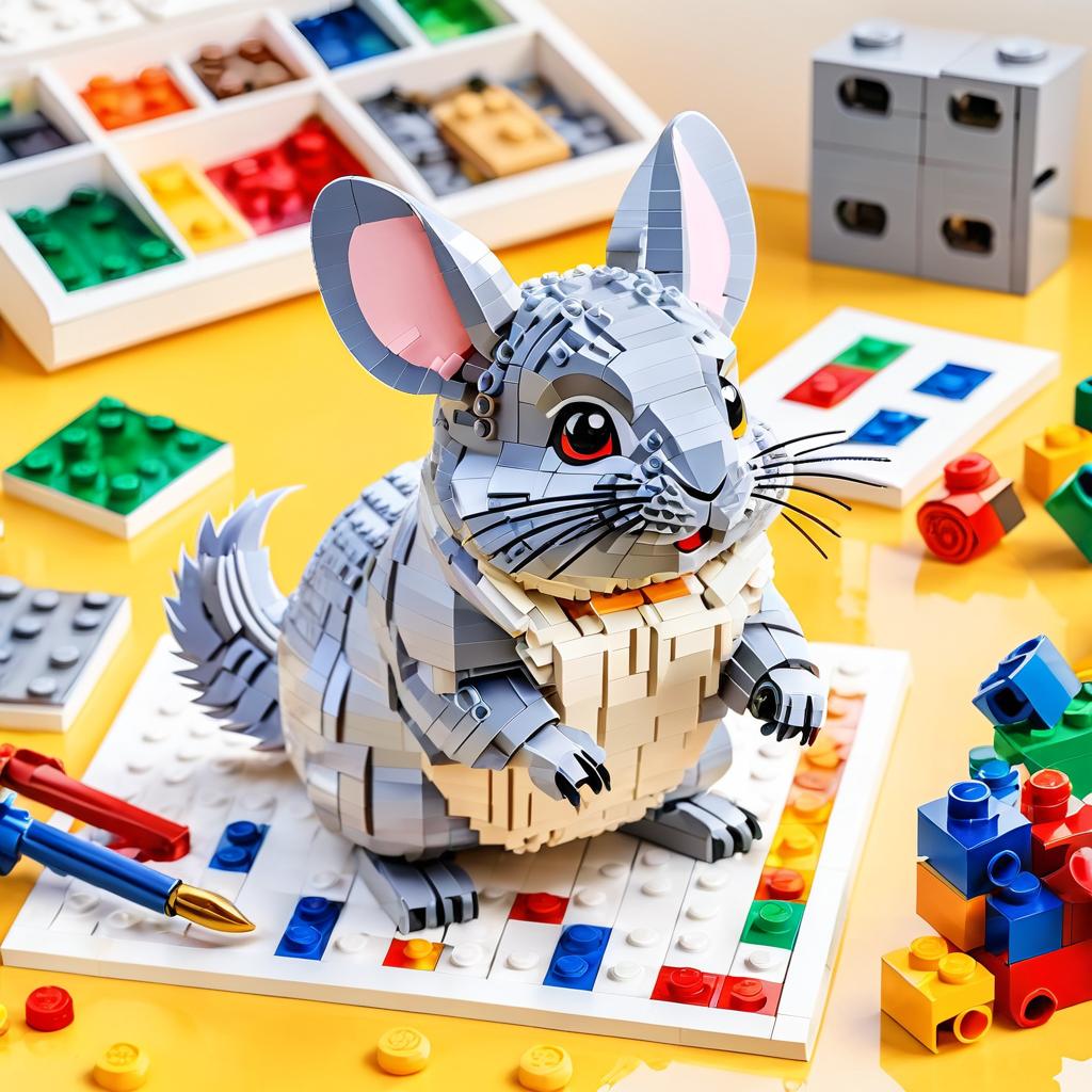 watercolor painting of standard grey chinchilla as lego bricks, vibrant and detailed in a playful lego environment.