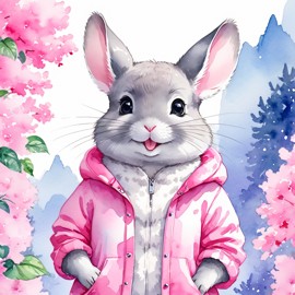 watercolor illustration of standard grey chinchilla in pink clothing, set in a beautiful pink scene, looking happy and vibrant.