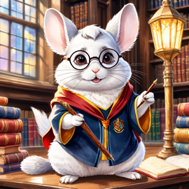 watercolor painting of white chinchilla as harry potter, complete with glasses and hogwarts backdrop, highlighting a vibrant and magical scene.