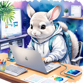 watercolor illustration of white chinchilla as a programmer, working on a laptop in a hoodie, capturing a cute and vibrant scene.