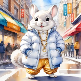 watercolor painting of white chinchilla in a white puffer coat with golden hip hop chains, set in a posh urban environment.