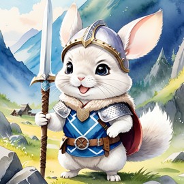 watercolor painting of white chinchilla as a viking, wearing traditional armor and helmet, in a vibrant viking environment.