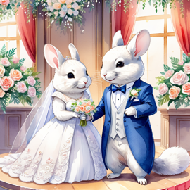 watercolor painting of white chinchilla at a wedding in a beautiful wedding suit, looking cute and happy in a vibrant, detailed style.