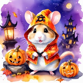 watercolor illustration of chinese hamster in a halloween costume with a vibrant and festive atmosphere surrounded by pumpkins.