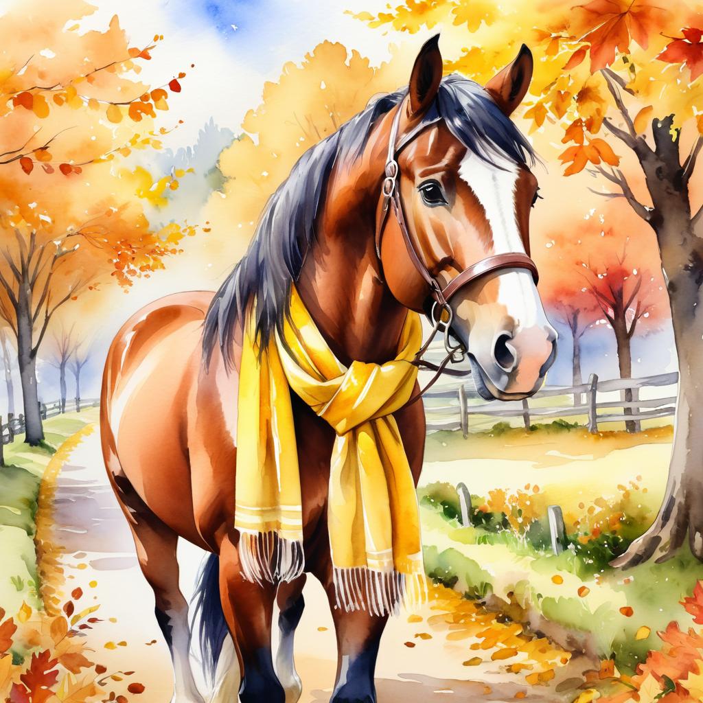 watercolor painting of clydesdale horse in autumn, wearing a yellow scarf, vibrant and detailed.