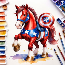 watercolor painting of clydesdale horse as captain america from avengers, vibrant and detailed.