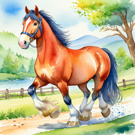 watercolor illustration of clydesdale horse in children's book style, vibrant and detailed, drawn by don freedman.