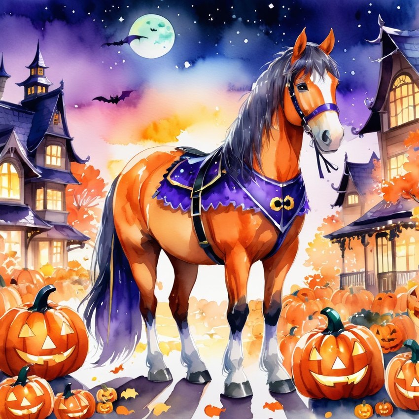 watercolor illustration of clydesdale horse in a halloween costume with a vibrant and festive atmosphere surrounded by pumpkins.