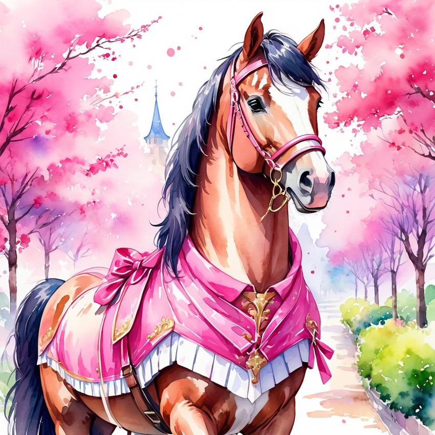 watercolor illustration of clydesdale horse in pink clothing, set in a beautiful pink scene, looking happy and vibrant.