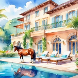 watercolor illustration of clydesdale horse suntanning next to a luxurious villa pool, capturing a posh and vibrant scene.