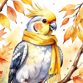 watercolor painting of cockatiel bird in autumn, wearing a yellow scarf, vibrant and detailed.