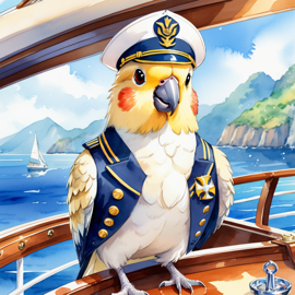 watercolor painting of cockatiel bird as a captain on a luxury yacht, wearing captain uniform, vibrant and detailed.