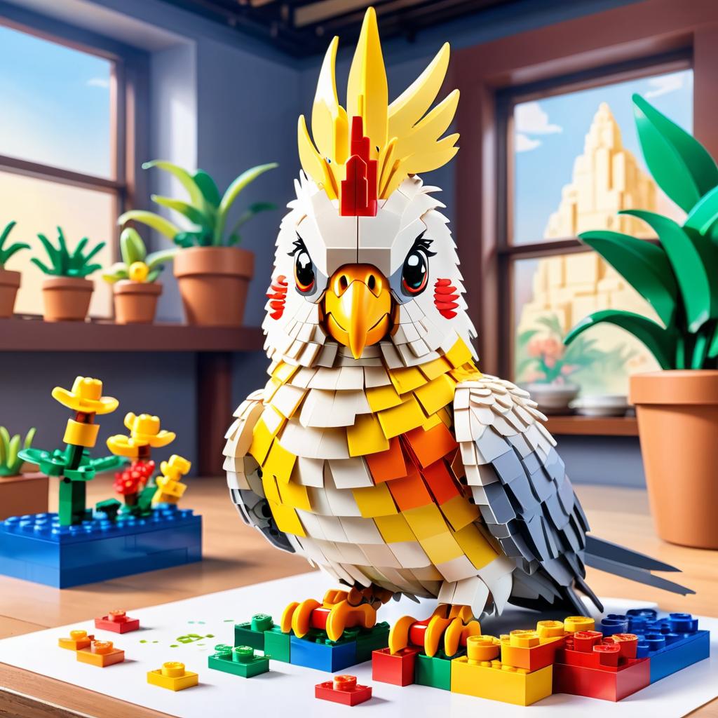 watercolor painting of cockatiel bird as lego bricks, vibrant and detailed in a playful lego environment.