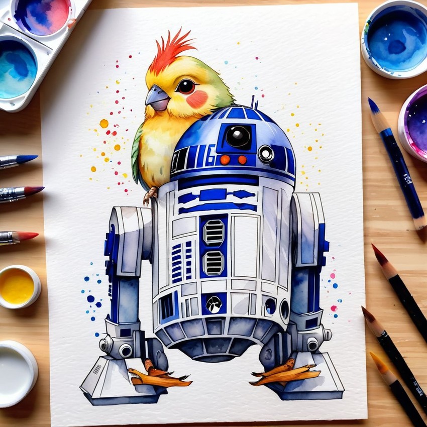 watercolor painting of cockatiel bird as r2d2 from star wars, dressed as r2d2 in a vibrant star wars scene.