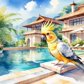 watercolor illustration of cockatiel bird suntanning next to a luxurious villa pool, capturing a posh and vibrant scene.