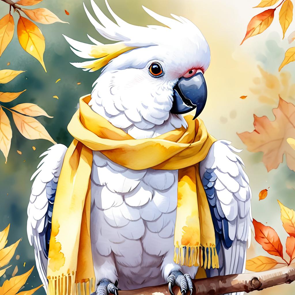 watercolor painting of cockatoo bird in autumn, wearing a yellow scarf, vibrant and detailed.