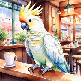 watercolor painting of cockatoo bird sitting in a cozy coffee shop, vibrant and detailed.