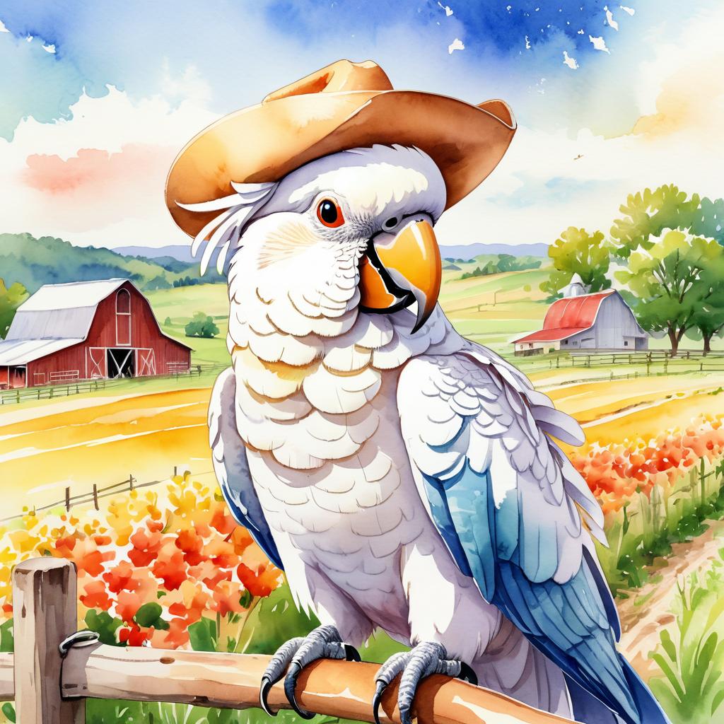 watercolor painting of cockatoo bird as a cowboy wearing a hat, in the midwest countryside, on a farm.