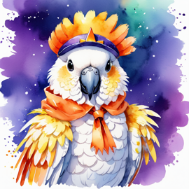 watercolor illustration of cockatoo bird in a halloween costume with a vibrant and festive atmosphere surrounded by pumpkins.