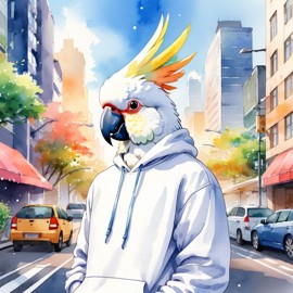 watercolor painting of cockatoo bird in a white hoodie, featuring a vibrant and detailed urban scene with a happy and cute look.