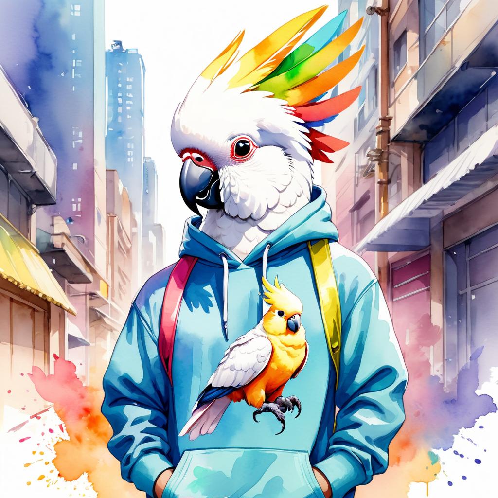 watercolor painting of cockatoo bird in a colorful hoodie, set in a vibrant urban setting, capturing a detailed and happy mood.