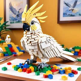 watercolor painting of cockatoo bird as lego bricks, vibrant and detailed in a playful lego environment.