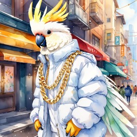 watercolor painting of cockatoo bird in a white puffer coat with golden hip hop chains, set in a posh urban environment.