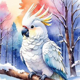 watercolor painting of cockatoo bird in a beautiful winter scene, wearing stylish winter clothing, looking cute and happy.