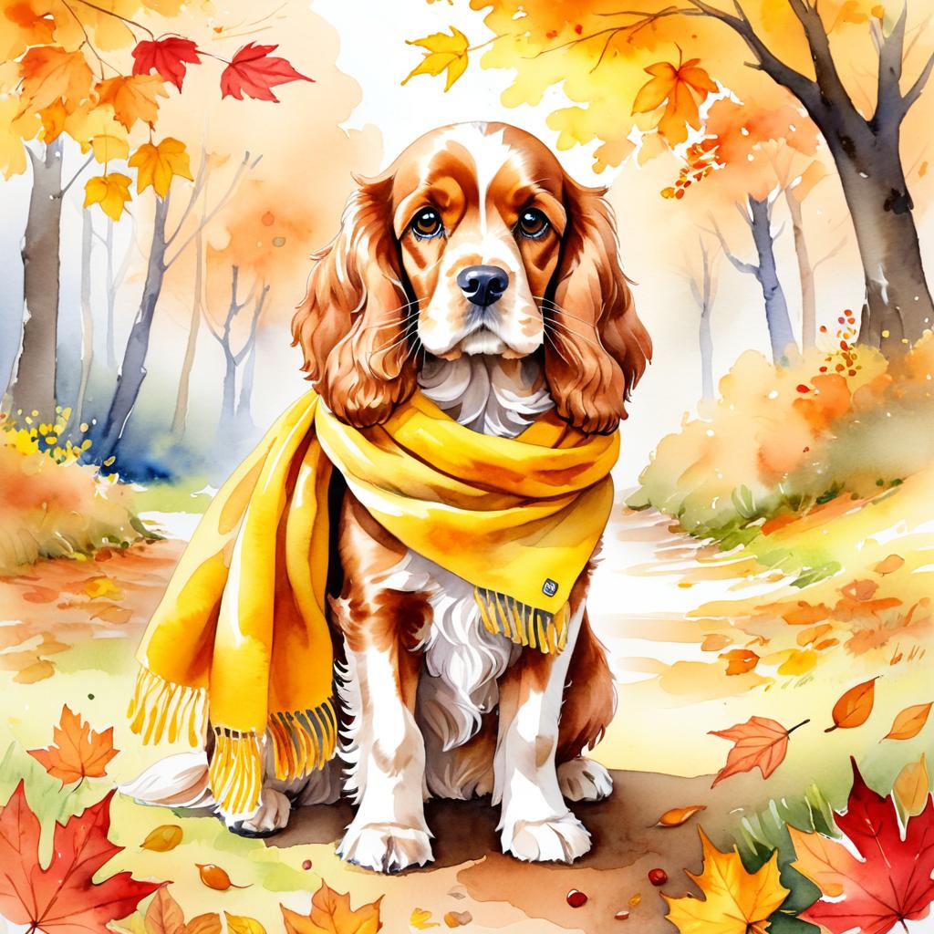 watercolor painting of cocker spaniel in autumn, wearing a yellow scarf, vibrant and detailed.