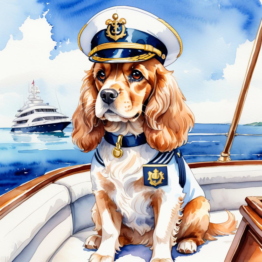 watercolor painting of cocker spaniel as a captain on a luxury yacht, wearing captain uniform, vibrant and detailed.