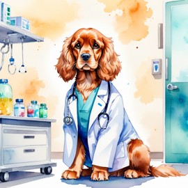 watercolor painting of cocker spaniel as a doctor in a hospital, vibrant and highly detailed, in a studio anime style.