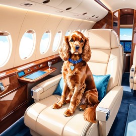 watercolor illustration of cocker spaniel in a gulfstream private jet, dressed in elegant clothing, capturing a posh and vibrant scene.