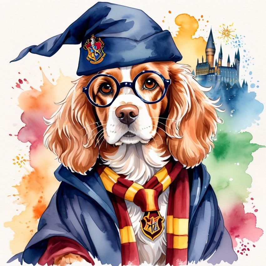 watercolor painting of cocker spaniel as harry potter, complete with glasses and hogwarts backdrop, highlighting a vibrant and magical scene.