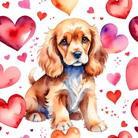 watercolor painting of cocker spaniel with hearts, capturing a lovely, cute, and happy expression in vibrant, detailed style.