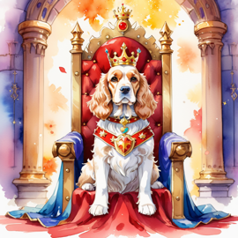 watercolor painting of cocker spaniel as a king in a magical castle, wearing a crown and robe, seated on a throne.