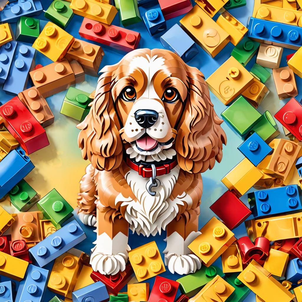 watercolor painting of cocker spaniel as lego bricks, vibrant and detailed in a playful lego environment.