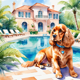 watercolor illustration of cocker spaniel suntanning next to a luxurious villa pool, capturing a posh and vibrant scene.