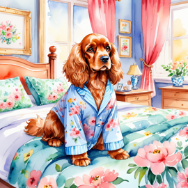 watercolor illustration of cocker spaniel in cute pyjamas, relaxing in a posh bedroom, capturing a vibrant and happy scene.