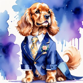 watercolor painting of cocker spaniel in a classy suit on a fashion stage, capturing elegance and charm in a vibrant, highly detailed illustration.
