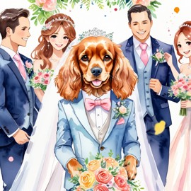 watercolor painting of cocker spaniel at a wedding in a beautiful wedding suit, looking cute and happy in a vibrant, detailed style.